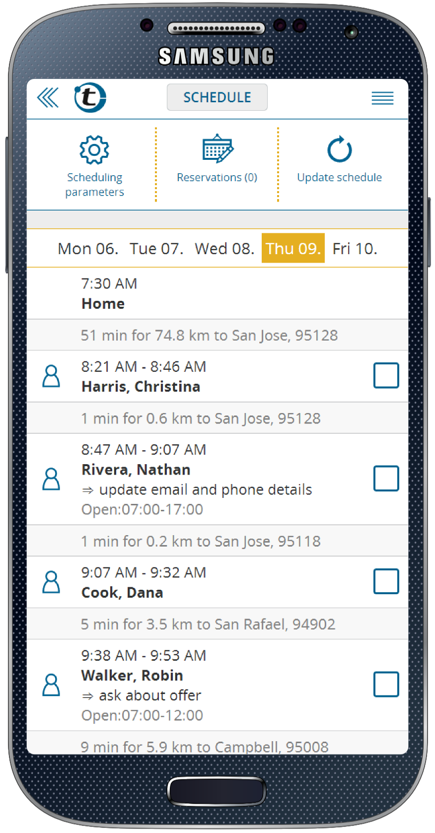 Route planner schedule on a smartphone (Samsung)