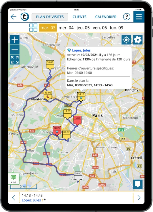 Plan de tournée optimisé pour une journée avec proposition automatique de clients à qui il est temps de rendre visite