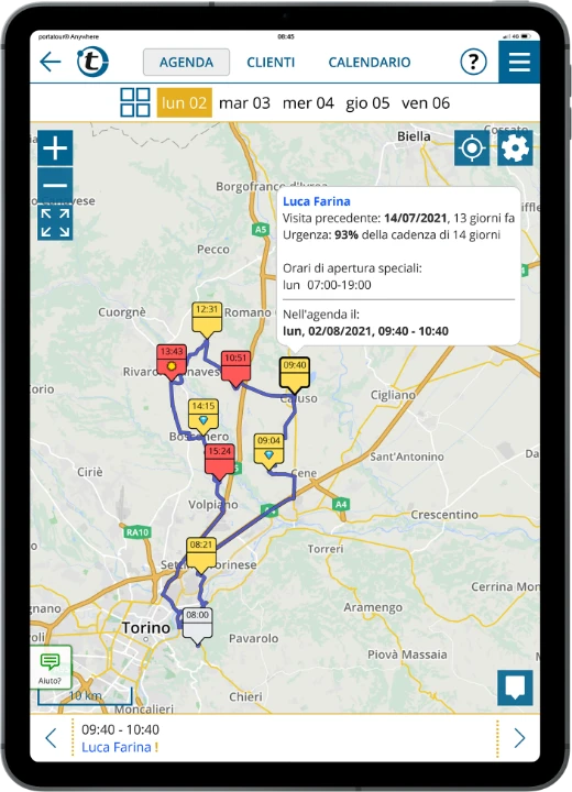 Percorso ottimizzato per un giorno con selezione automatica dei clienti che è il momento di visitare