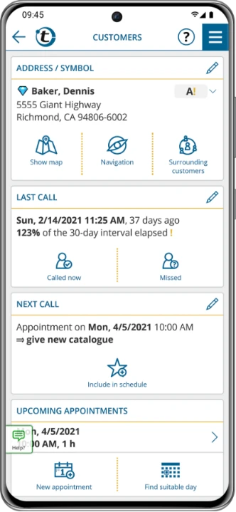 Optimized route schedule for one day with automatically selected customers that are ready for a visit