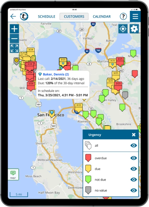 Optimized route schedule for one day with automatically selected customers that are ready for a visit
