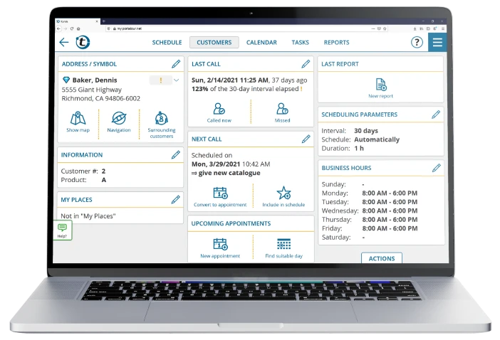 Optimized route schedule for one day with automatically selected customers that are ready for a visit