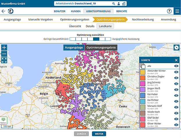 Gebietsoptimierung mit portatour® Territory Optimization, ein Screenshot