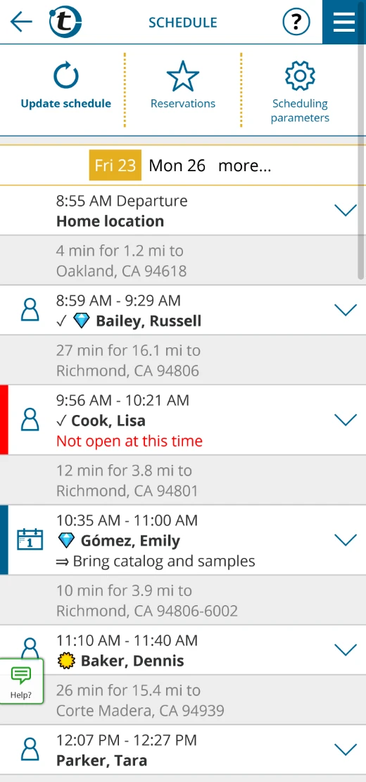 Screenshot of a schedule from portatour<sup>®</sup>