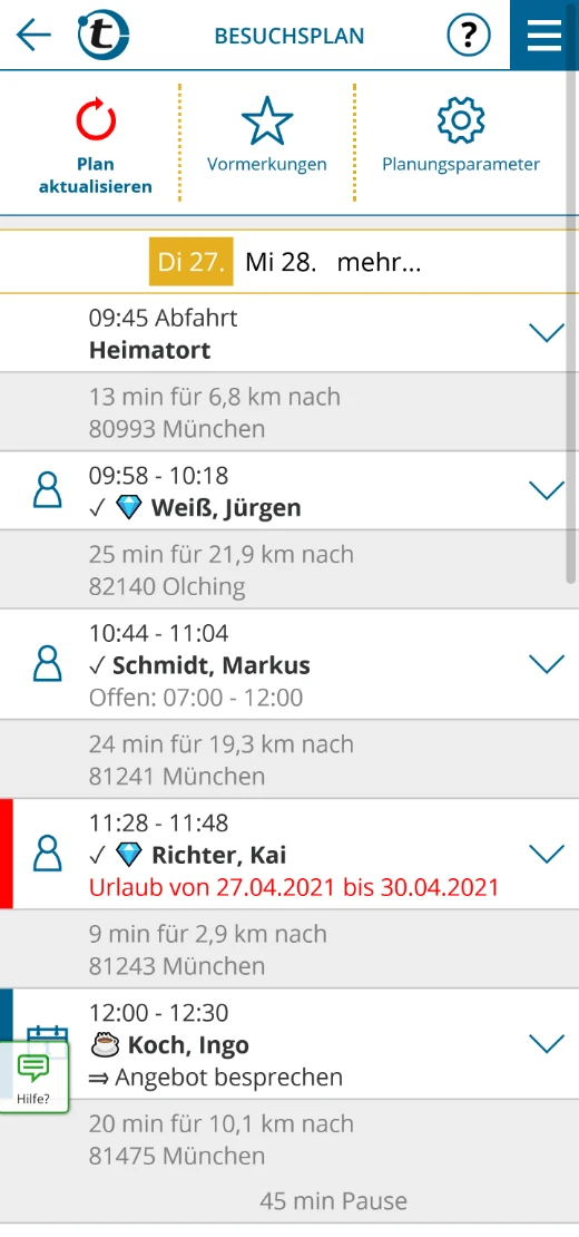 Screenshot eines Besuchsplans von portatour<sup>®</sup>
